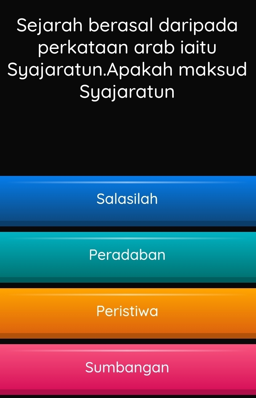 Sejarah berasal daripada
perkataan arab iaitu
Syajaratun.Apakah maksud
Syajaratun
Salasilah
Peradaban
Peristiwa
Sumbangan