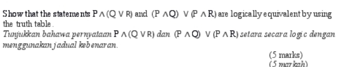 Show that the statements Pwedge (Qvee R) and (Pwedge Q)vee (Pwedge R) are logically equivalent by using 
the truth table . 
Tunjukkan bahawa pernyataan Pwedge (Qvee R)dan(Pwedge Q)vee (Pwedge R) setara secara logic dengan 
menggunakan jadual kebenaran. 
(5 marks) 
(5 markah)