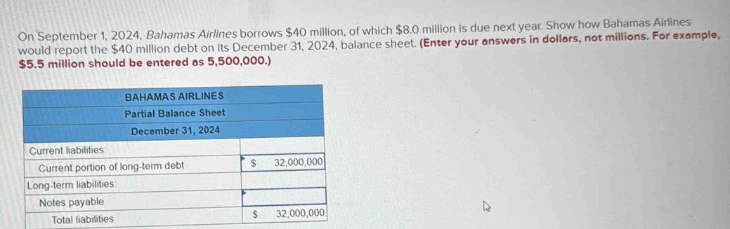 On September 1, 2024, Bahamas Airlines borrows $40 million, of which $8.0 million is due next year. Show how Bahamas Airlines 
would report the $40 million debt on its December 31, 2024, balance sheet. (Enter your answers in dollars, not millions. For example,
$5.5 million should be entered as 5,500,000.)