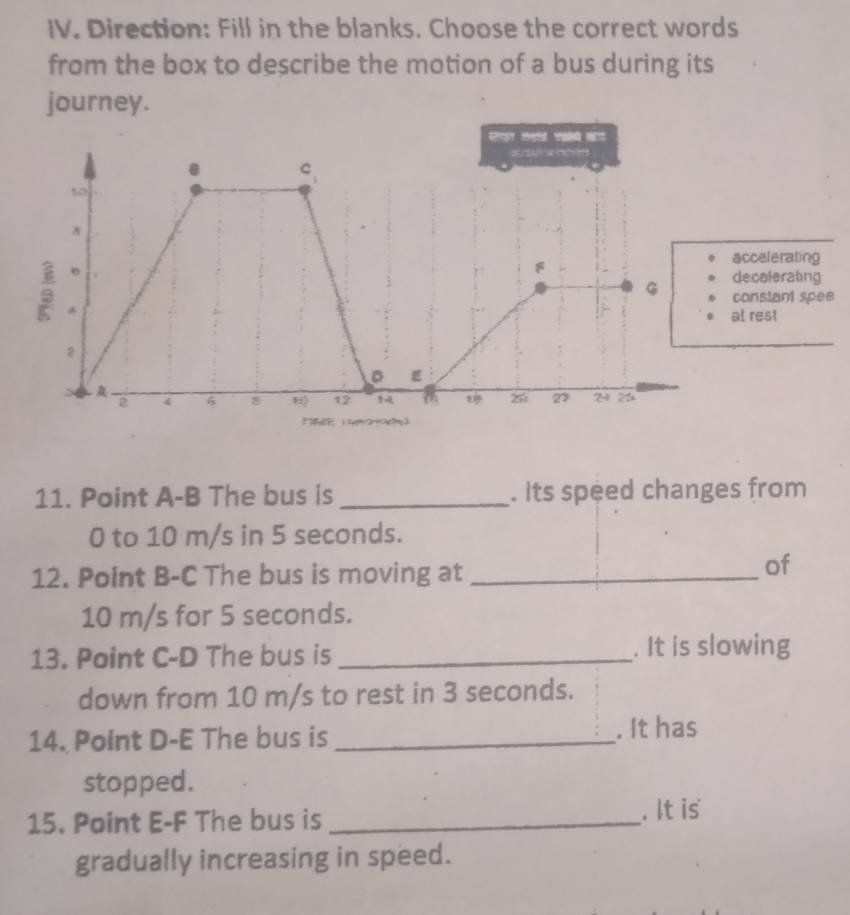 Direction: Fill in the blanks. Choose the correct words 
from the box to describe the motion of a bus during its 
journey. 

a 
. C 
so 

s , 
F 
accelerating 
decolerating 
G constant spee 
at rest 

。
2 4 8 92 12 27 27 24 25
11. Point A-B The bus is _. Its speed changes from
0 to 10 m/s in 5 seconds. 
12. Point B -C The bus is moving at_ 
of
10 m/s for 5 seconds. 
13. Point C -D The bus is _. It is slowing 
down from 10 m/s to rest in 3 seconds. 
14. Point D -E The bus is _. It has 
stopped. 
15. Point E -F The bus is _. It is 
gradually increasing in speed.