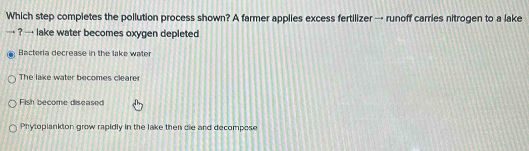 Which step completes the pollution process shown? A farmer applies excess fertilizer → runoff carries nitrogen to a lake
? → lake water becomes oxygen depleted
Bacteria decrease in the lake water
The lake water becomes clearer
Fish become diseased
Phytoplankton grow rapidly in the lake then die and decompose