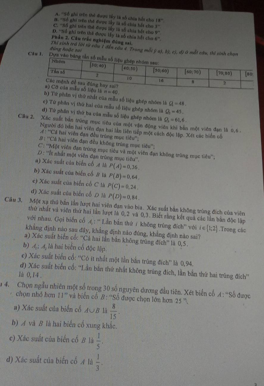 A. ''Số ghi trên thẻ được lấy là số chia hết cho 18°
B. ''Số ghi trên thể được lấy là số chia hết cho 3^(11)
C. ''Số ghi trên thẻ được lấy là số chia hết cho 9''
D. ''Số ghi trên thẻ được lấy là số chia hết cho 6^(kx).
Phần 2. Câu trắc nghiệm đúng sai.
Thi sinh trả lời từ cầu 1 đến câu 4 Trong mỗi ý a), b), c), d) ở mỗi cầu, thí sinh chọn
đúng hoặc sai
Câu 1. Dự
b) Tứ phân vị thứ nhất của mẫu số liệu ghép nhóm là Q_1=48.
c) Tứ phân vị thứ hai của mẫu số liệu ghép nhóm là Q_2=45.
d) Tứ phân vị thứ ba của mẫu số liệu ghép nhóm là Q_2=61,6.
Cầu 2. Xác suất bắn trúng mục tiêu của một vận động viên khi bắn một viên đạn là 0,6 .
Người đớ bắn hai viên đạn hai lần liên tiếp một cách độc lập. Xét các biến cố
: ''Cả hai viên đạn đều trúng mục tiêu'';
# : ''Cá hai viên đạn đều không trúng mục tiêu'';
C: ''Một viên đạn trúng mục tiêu và một viên đạn không trúng mục tiêu'';
D : 'Ít nhất một viên đạn trúng mục tiêu”.
a) Xác suất của biến cố A là P(A)=0,36.
b) Xác suất của biến cố B là P(B)=0,64,
c) Xác suất của biển cố C là P(C)=0,24.
d) Xác suất của biến cố D là P(D)=0,84.
Câu 3. Một xạ thủ bắn lần lượt hai viên đạn vào bia. Xác suất bắn không trúng đích của viên
thứ nhất và viên thứ hai lần lượt là 0,2 và 0,3. Biết rằng kết quả các lần bắn độc lập
với nhau. Gọi biến cố A : “ Lần bắn thứ / không trúng đích” với i ∈  1;2.Trong các
khẳng định nào sau đây, khẳng định nào đúng, khẳng định nào sai?
a) Xác suất biến cố: “Cả hai lần bắn không trúng đích” là 0,5.
b) A_1;A_2 là hai biển cố độc lập.
c) Xác suất biến cổ: “Có ít nhất một lần bắn trúng đích” là 0,94.
d) Xác suất biến cố: “Lần bắn thứ nhất không trúng đích, lần bắn thứ hai trúng đích”
là 0,14 .
u 4. Chọn ngẫu nhiên một số trong 30 số nguyên dương đầu tiên. Xét biến cố A : “Số được
chọn nhỏ hơn 11” và biến cố B: “Số được chọn lớn hơn 25 ”.
a) Xác suất của biến cố A∪ B là  8/15 .
b) A và B là hai biến cố xung khắc.
c) Xác suất của biến cố B là  1/5 .
d) Xác suất của biến cố 4 là  1/3 .