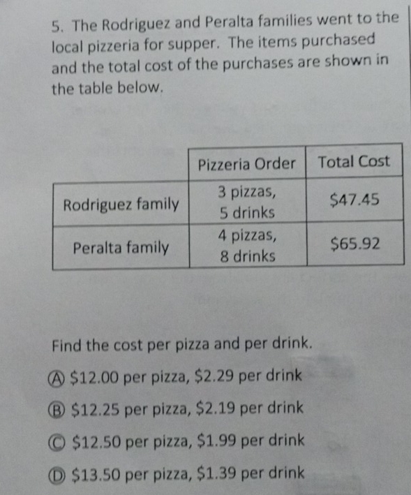 The Rodriguez and Peralta families went to the
local pizzeria for supper. The items purchased
and the total cost of the purchases are shown in
the table below.
Find the cost per pizza and per drink.
A $12.00 per pizza, $2.29 per drink
⑧ $12.25 per pizza, $2.19 per drink
© $12.50 per pizza, $1.99 per drink
Ⓓ $13.50 per pizza, $1.39 per drink