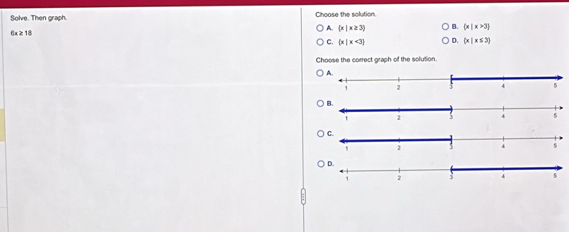 Solve. Then graph. Choose the solution.
A.  x|x≥ 3
B.  x|x>3
6x≥ 18
D.
C.  x|x<3  x|x≤ 3
Choose the correct graph of the solution.