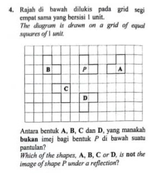 Rajah di bawah dilukis pada grid segi 
empat sama yang bersisi 1 unit. 
The diagram is drawn on a grid of equal 
squares of I unit. 
Antara bentuk A, B, C dan D, yang manakah 
bukan imej bagi bentuk P di bawah suatu 
pantulan? 
Which of the shapes, A, B, C or D, is not the 
image of shape P under a reflection?