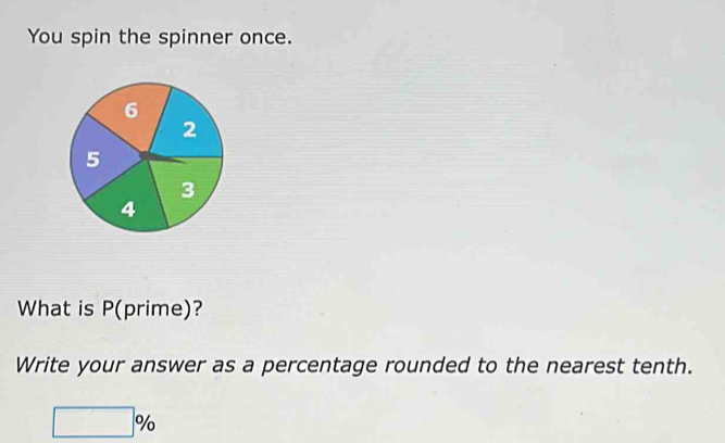 You spin the spinner once. 
What is P (prime)? 
Write your answer as a percentage rounded to the nearest tenth.
□ %