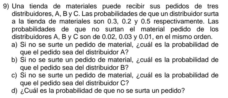 Una tienda de materiales puede recibir sus pedidos de tres 
distribuidores, A, B y C. Las probabilidades de que un distribuidor surta 
a la tienda de materiales son 0.3, 0.2 y 0.5 respectivamente. Las 
probabilidades de que no surtan el material pedido de los 
distribuidores A, B y C son de 0.02, 0.03 y 0.01, en el mismo orden. 
a) Si no se surte un pedido de material, ¿cuál es la probabilidad de 
que el pedido sea del distribuidor A? 
b) Si no se surte un pedido de material, ¿cuál es la probabilidad de 
que el pedido sea del distribuidor B? 
c) Si no se surte un pedido de material, ¿cuál es la probabilidad de 
que el pedido sea del distribuidor C? 
d) ¿Cuál es la probabilidad de que no se surta un pedido?