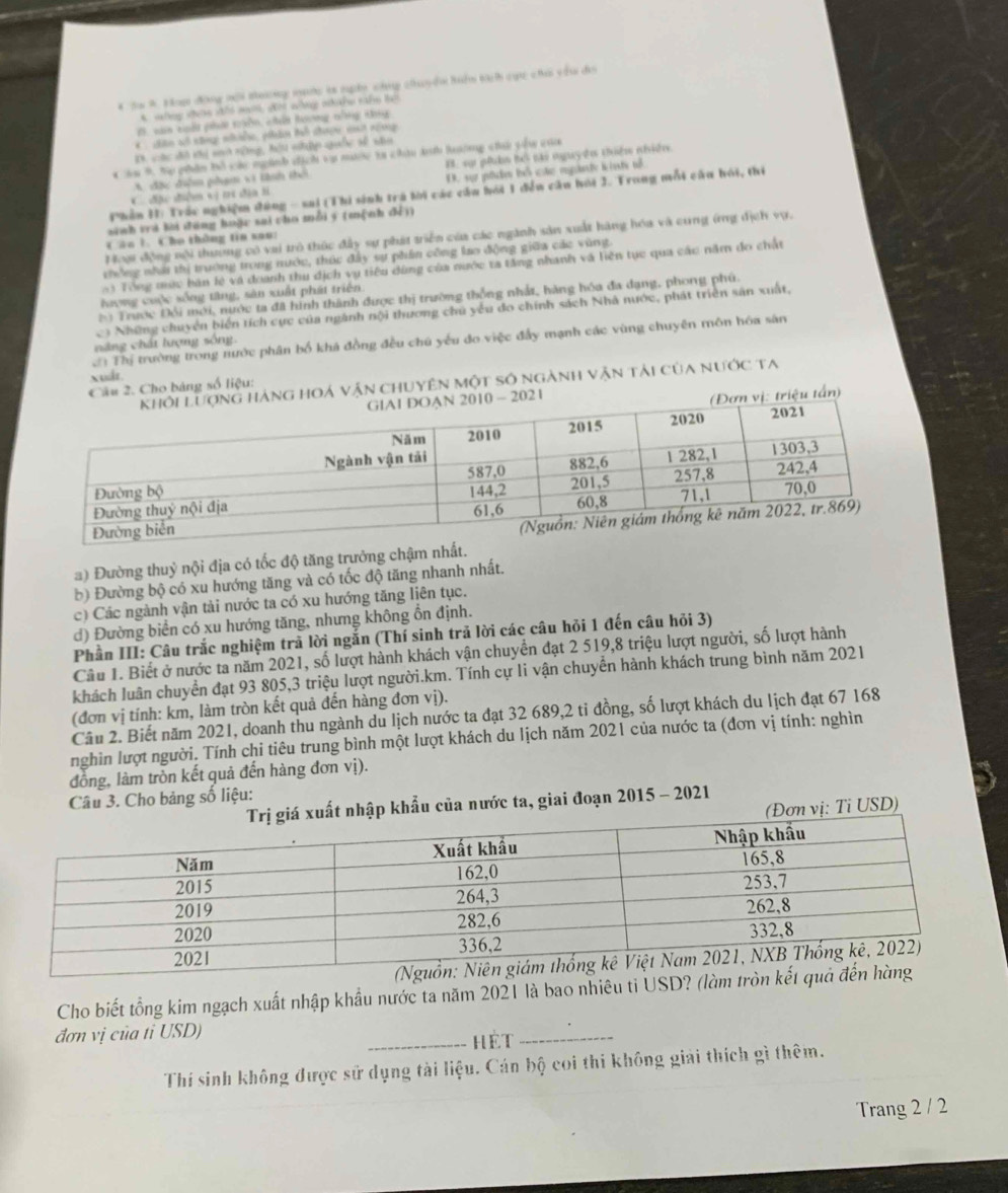 Sn A. Hoạn đông mội theing sớg in nn chúng chayềi tuển tàch cuc chúi yêu di
C whng can hs ms. Ais wng whahe tale be
2 văn xế ph x yền, chun hưưng tổnng kng
chân sô nông nle, pản th nượn co rog
D. các đô tị sớ rông, hệu nhập quốc sề năa
Câu 9. Sọ phân bồ các ngành dịch vụ mước xa châu tih lường chi vếu của
A đặc điễm phạm vi tinh thời B, sựi phờm hổi tài nguyên thiêm nhiền
C. đặc điệm vị tí địa l D. sự nhm bổ các mgànớ liat tổ
Phần I: Trác nghiệm đùng - sai (Thi sinh trá lời các cầu hói 1 đến cần hỏi J. Trong mỗi cầu hỏi, thi
sinh vrà lời đăng huặc sai cho mỗi ý (mệnh đế))
Hoại động nội thương có vai trò thúc đây sự phát triển của các ngành sản xuất hàng hóa và cung (ng địch vụ.
Câo 1. Cho thông tin sau:
thởng nhấi thị trường trong nước, thúc đây sự phần công lao động giữa các vùng.
ại Tổng mức bán lệ và đoanh thu dịch vụ tiêu dùng của nước ta tăng nhanh và liên tục qua các năm do chất
lượng cuộc sống tăng, sản xuất phát triển.
Độ Trước Đổi mới, nước ta đã hình thành được thị trường thống nhất, hàng hóa đa dạng, phong phú.
c3 Những chuyển biển tích cục của ngành nội thương chủ yêu đo chính sách Nhà nước, phát triền sân xuất,
Ci Thị trường trong nước phân bố khá đồng đều chú yếu đo việc đẩy mạnh các vùng chuyên môn hóa sân
năng chất lượng sống.
xudt.
hoá vận chuyên một số ngành vận tải của nước ta
Cầu 2. Cho bảng số liệu:
u tấn)
a) Đường thuỷ nội địa có tốc độ tăng trưởng chậm nhất.
b) Đường bộ có xu hướng tăng và có tốc độ tăng nhanh nhất.
c) Các ngành vận tải nước ta có xu hướng tăng liên tục.
d) Đường biển có xu hướng tăng, nhưng không ổn định.
Phần III: Câu trắc nghiệm trả lời ngắn (Thí sinh trả lời các câu hỏi 1 đến câu hỏi 3)
Câu 1. Biết ở nước ta năm 2021, số lượt hành khách vận chuyển đạt 2 519,8 triệu lượt người, số lượt hành
khách luân chuyển đạt 93 805,3 triệu lượt người.km. Tính cự li vận chuyển hành khách trung bình năm 2021
(đơn vị tính: km, làm tròn kết quả đến hàng đơn vị).
Cầu 2. Biết năm 2021, doanh thu ngành du lịch nước ta đạt 32 689,2 ti đồng, số lượt khách du lịch đạt 67 168
nghìn lượt người. Tính chi tiêu trung bình một lượt khách du lịch năm 2021 của nước ta (đơn vị tính: nghìn
đồng, làm tròn kết quả đến hàng đơn vị).
Câu 3. Cho bảng số liệu:
giá xuất nhập khẩu của nước ta, giai đoạn 2015 - 2021
(Đơn vị: Tỉ USD)
Cho biết tổng kim ngạch xuất nhập khẩu nước ta năm 2021 là bao nhiêu tỉ USD?
đơn vị của tỉ USD) _hét_
Thí sinh không được sử dụng tài liệu. Cán bộ coi thi không giải thích gì thêm.
Trang 2 / 2
