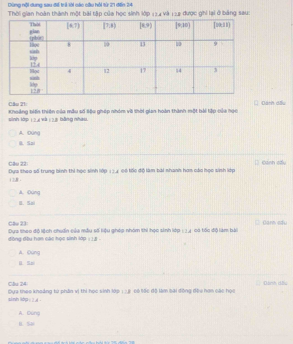 Dùng nội dung sau đế trả lời các cầu hỏi từ 21 đến 24
Thời gian hoàn thành một bài tập của học sinh lớp 12x và 125 được ghi lại ở bảng sau:
Câu 21; Đánh dấu
Khoảng biến thiên của mẫu số liệu ghép nhóm về thời gian hoàn thành một bài tập của học
sinh lớp 12x và 12,8 bằng nhau.
A. Đùng
B. Sai
Câu 22: Đánh dấu
Dựa theo số trung bình thì học sinh lớp  có tốc độ làm bái nhanh hơn các học sinh lớp
1 2B .
A. Đúng
B. Sal
Cầu 23: Danh dầu
Dựa theo độ lệch chuẩn của mẫu số liệu ghép nhóm thi học sinh lớp ;1 có tốc độ làm bài
đồng đều hơn các học sinh lớp 118 .
A. Đùng
B. Sal
Câu 24; Đanh dấu
Dựa theo khoảng tử phần vị thì học sinh lớp ;_5 có tốc độ làm bài đồng đều hơn các học
sinh lớp12x -
A. Đúng
B. Sai