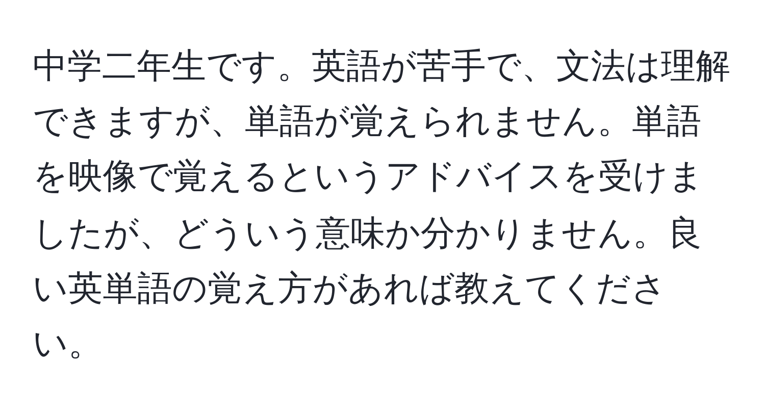 中学二年生です。英語が苦手で、文法は理解できますが、単語が覚えられません。単語を映像で覚えるというアドバイスを受けましたが、どういう意味か分かりません。良い英単語の覚え方があれば教えてください。