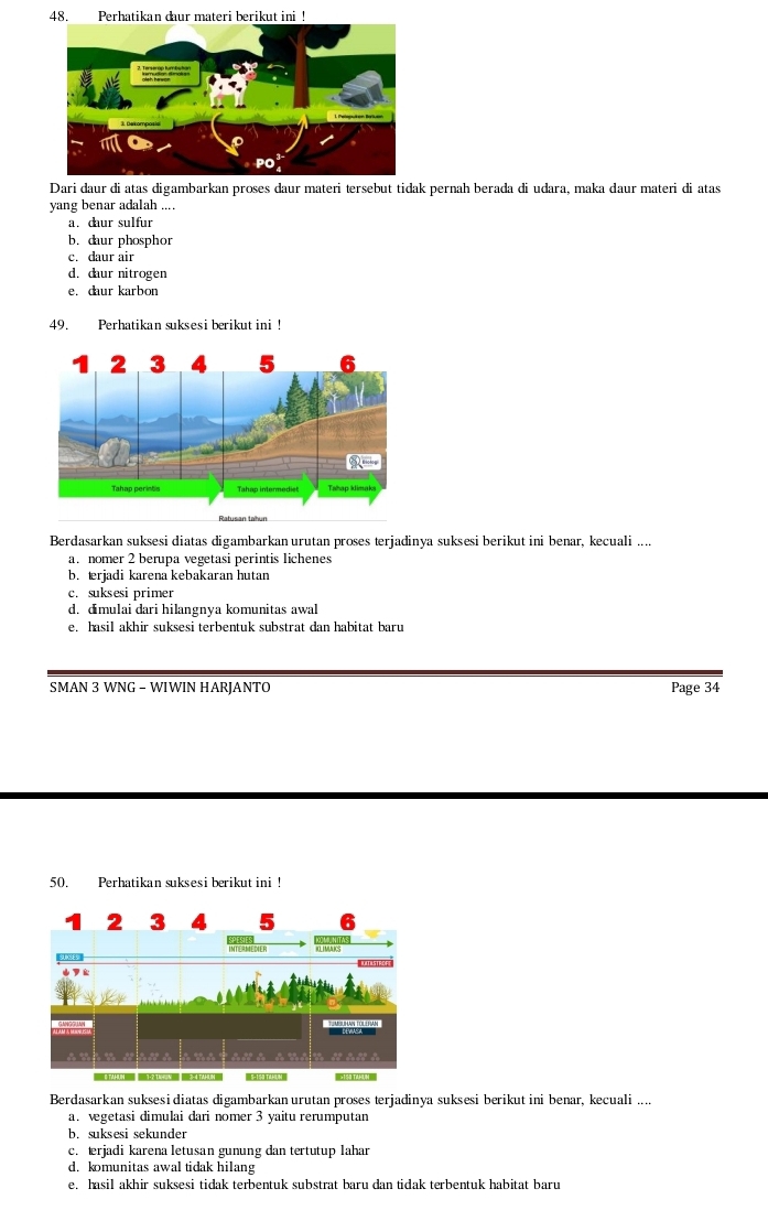 Dari daur di atas digambarkan proses daur materi tersebut tidak pernah berada di udara, maka daur materi di atas
yang benar adalah ....
a. daur sulfur
b. daur phosphor
c. daur air
d. daur nitrogen
e.daur karbon
49. Perhatikan suksesi berikut ini !
Ratusan tahun
Berdasarkan suksesi diatas digambarkan urutan proses terjadinya suksesi berikut ini benar, kecuali ....
a. nomer 2 berupa vegetasi perintis lichenes
b. rjadi karena kebakaran hutan
c. suksesi primer
d. dimulai dari hilangnya komunitas awal
e. hasil akhir suksesi terbentuk substrat dan habitat baru
SMAN 3 WNG - WIWIN HARJANTO Page 34
50. Perhatikan suksesi berikut ini !
Berdasarkan suksesi diatas digambarkan urutan proses terjadinya suksesi berikut ini benar, kecuali ....
a. vegetasi dimulai dari nomer 3 yaitu rerumputan
b. suksesi sekunder
c. terjadi karena letusan gunung dan tertutup lahar
d. komunitas awal tidak hilang
e. hasil akhir suksesi tidak terbentuk substrat baru dan tidak terbentuk habitat baru