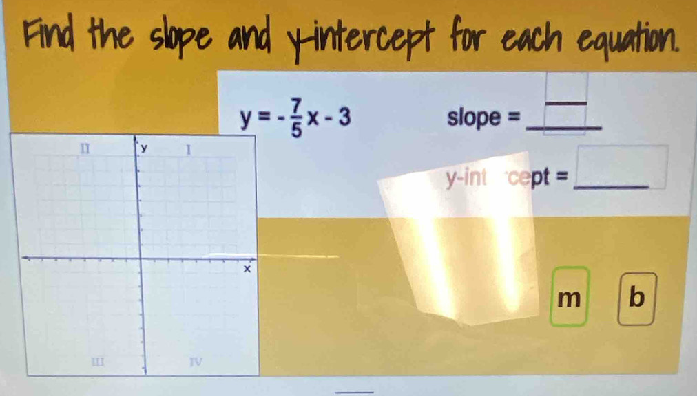 y=- 7/5 x-3
slope =_
y -int cept=_ 
m b