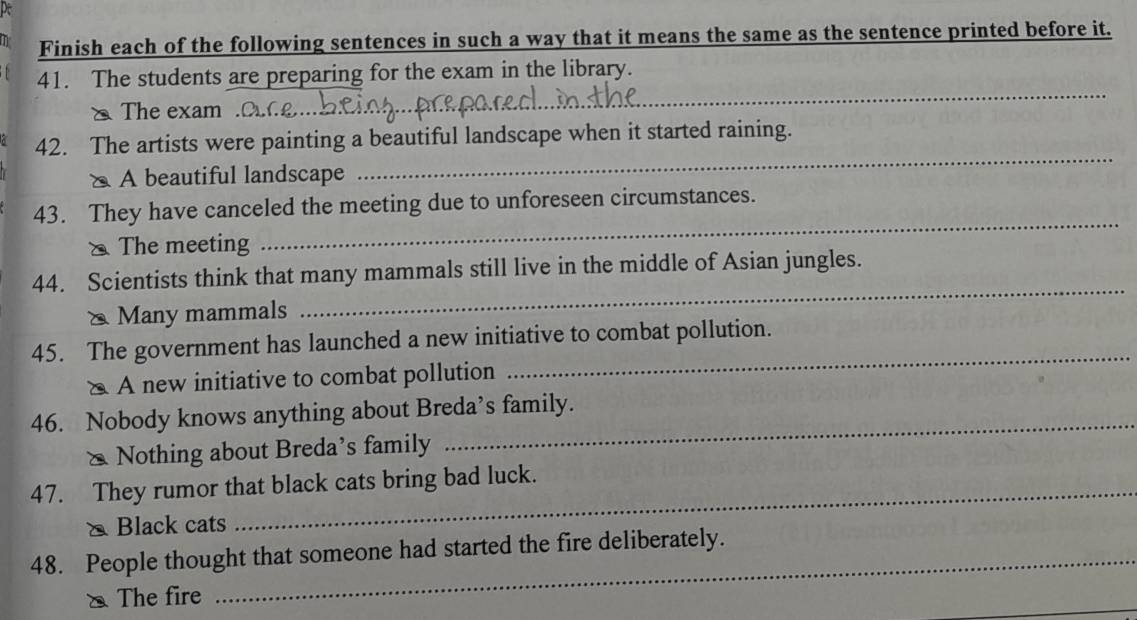 Finish each of the following sentences in such a way that it means the same as the sentence printed before it. 
41. The students are preparing for the exam in the library. 
× The exam 
_ 
42. The artists were painting a beautiful landscape when it started raining. 
& A beautiful landscape 
_ 
_ 
43. They have canceled the meeting due to unforeseen circumstances. 
* The meeting 
_ 
44. Scientists think that many mammals still live in the middle of Asian jungles. 
* Many mammals 
_ 
45. The government has launched a new initiative to combat pollution. 
& A new initiative to combat pollution 
_ 
46. Nobody knows anything about Breda’s family. 
* Nothing about Breda’s family 
47. They rumor that black cats bring bad luck. 
& Black cats 
48. People thought that someone had started the fire deliberately. 
The fire