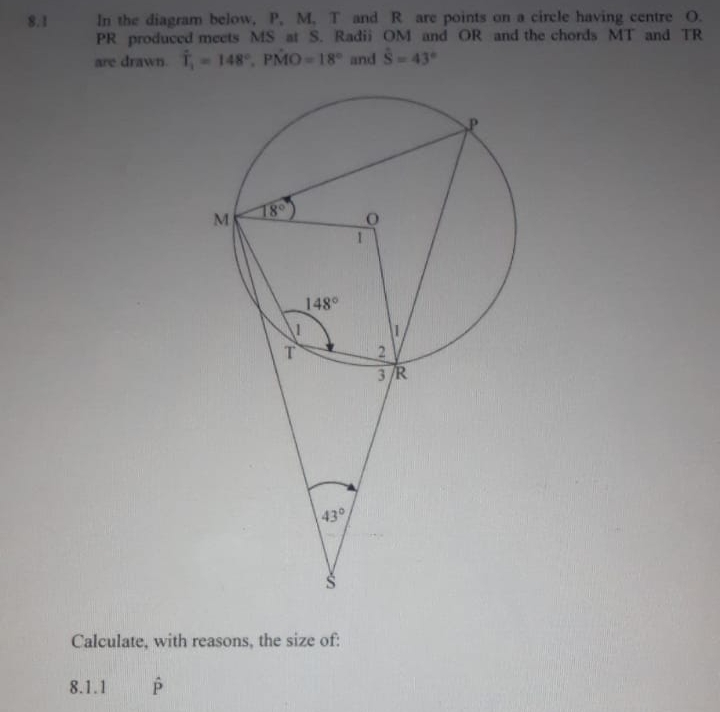 8.1 In the diagram below,  P.  M.  T  and  R  are points on a circle having centre  O.
PR produced meets  MS  at S.  Radii OM and  OR  and the chords MT and  TR
are drawn. overline I_1=148° PMO=18° and S=43°
Calculate, with reasons, the size of:
8.1.1 P