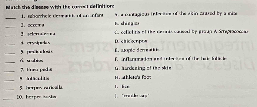 Match the disease with the correct definition:
_
1. seborrheic dermatitis of an infant A. a contagious infection of the skin caused by a mite
_2. eczema B. shingles
_3. scleroderma C. cellulitis of the dermis caused by group A Streptococcus
_4. erysipelas D. chickenpox
_5. pediculosis E. atopic dermatitis
_6. scabies F. inflammation and infection of the hair follicle
_7. tinea pedis G. hardening of the skin
_
8. folliculitis H. athlete's foot
_9. herpes varicella I. lice
_10. herpes zoster J.“cradle cap”