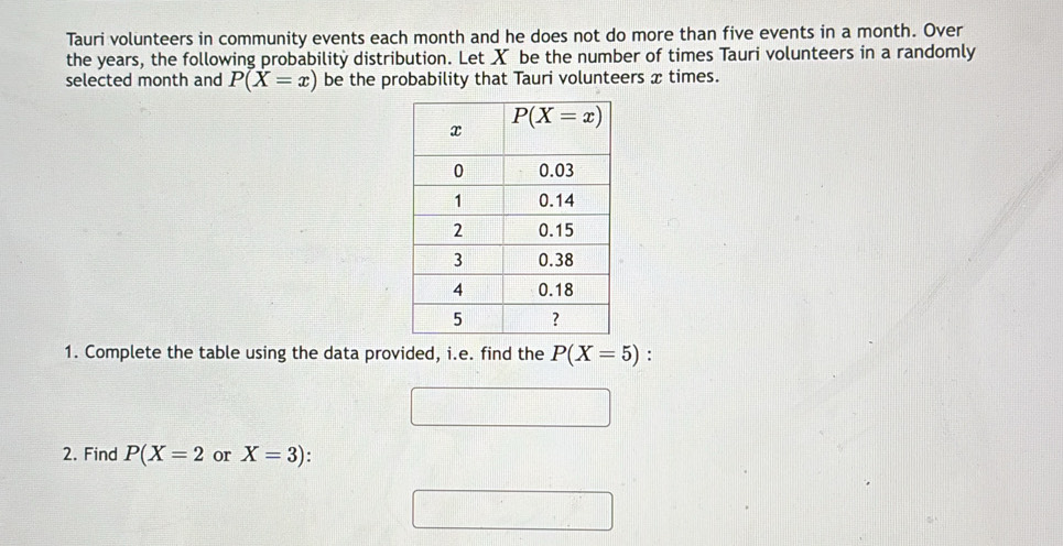 Tauri volunteers in community events each month and he does not do more than five events in a month. Over
the years, the following probability distribution. Let X be the number of times Tauri volunteers in a randomly
selected month and P(X=x) be the probability that Tauri volunteers x times.
1. Complete the table using the data provided, i.e. find the P(X=5) :
2. Find P(X=2 or X=3)