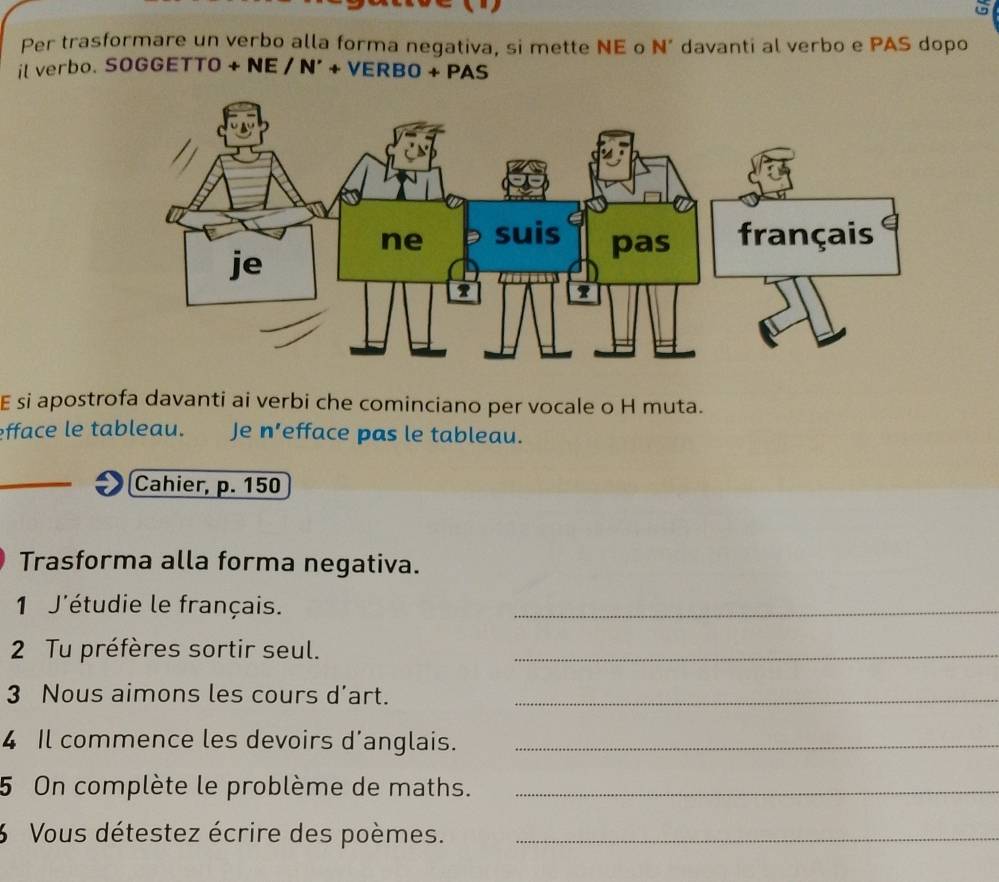 Per trasformare un verbo alla forma negativa, si mette NE o N’ davanti al verbo e PAS dopo 
il verbo. SOGGETTO + NE / N' + VERBO + PAS 
E si apostrofa davanti ai verbi che cominciano per vocale o H muta. 
efface le tableau. Je n’efface pas le tableau. 
Cahier, p. 150
Trasforma alla forma negativa. 
1 J'étudie le français. 
_ 
2 Tu préfères sortir seul._ 
3 Nous aimons les cours d’art._ 
4 Il commence les devoirs d’anglais._ 
5 On complète le problème de maths._ 
6 Vous détestez écrire des poèmes._