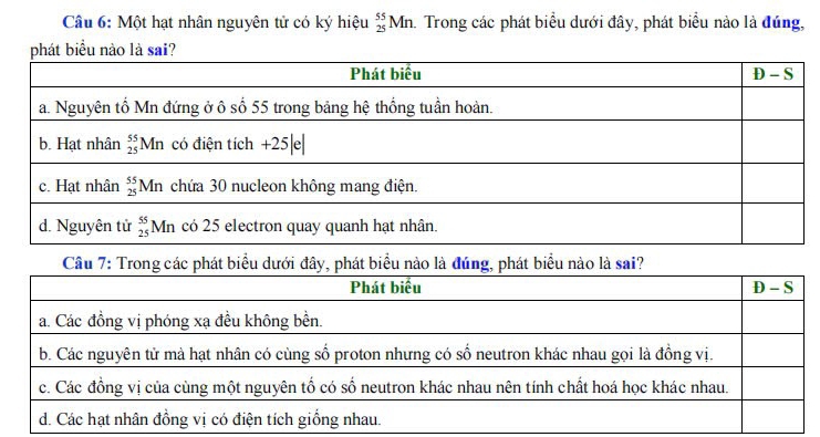 Một hạt nhân nguyên tử có ký hiệu _(25)^(55)Mn 1. Trong các phát biểu dưới đây, phát biểu nào là đúng,