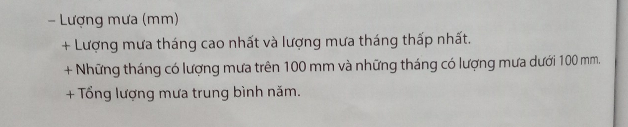 Lượng mưa (mm) 
+ Lượng mưa tháng cao nhất và lượng mưa tháng thấp nhất. 
+ Những tháng có lượng mưa trên 100 mm và những tháng có lượng mưa dưới 100 mm. 
+ Tổng lượng mưa trung bình năm.