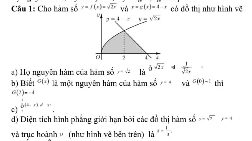 Cho hàm số y=f(x)=sqrt(2x) và y=g(x)=4-x có đồ thị như hình vẽ
a) Họ nguyên hàm của hàm số y=sqrt(2) là ò sqrt(2x) d  1/sqrt[3](2x) +
b) Biết G(x) là một nguyên hàm của hàm số y=4 và G(0)=1 thì
G(2)=-4
c) beginarrayr^(2 0endarray) (4-x)dx°
d) Diện tích hình phẳng giới hạn bởi các đồ thị hàm số y=sqrt(2) y=4
và trục hoành 〃 (như hình vẽ bên trên) là s= 1/3 .