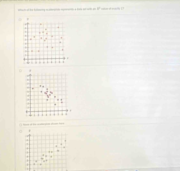 Which of the following scatterplots represents a data set with an R^2 value of exactly 1?
9
9
7.
5.
.
5
4.
- 3 0.
2
1
(
r
1 3 4 s 6 7 a D
9
B
-7
6
5
4 0
3
-2
1
←
z
1 1 4 5 6 7 a 。
hisse of the scatterplote shown here
9
19
8
-7.
6
5
4
0
1