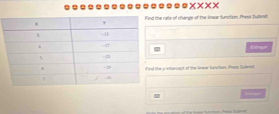 ②②②③②②②②②②②②②②②②×××× 
he rate of change of the linear function. Press Submit. 
Estragae 
he y-intercept of the lnear function. Press Submit 
5 
Exogs 
the equatton of te lmear tunatom Press Sutmit