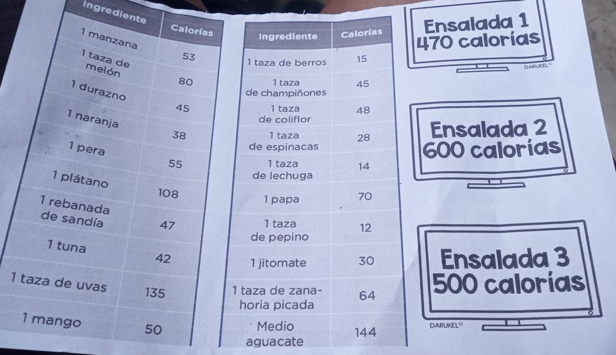 Ingredien
Ensalada 1
470 calorías
D
Ensalada 2
600 calorías
Ensalada 3
1
500 calorías
DARUKE L°
aguacate