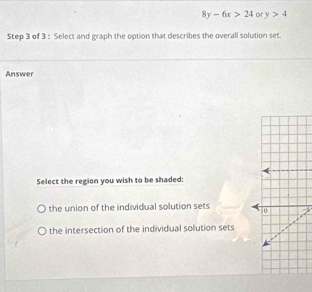 8y-6x>24 or y>4
Step 3 of 3 : Select and graph the option that describes the overall solution set.
Answer
Select the region you wish to be shaded:
the union of the individual solution sets
5
the intersection of the individual solution sets