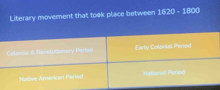 Literary movement that took place between 1620-1800
Colonial & Revolutionary Period Early Colonial Period
Native American Period National Period