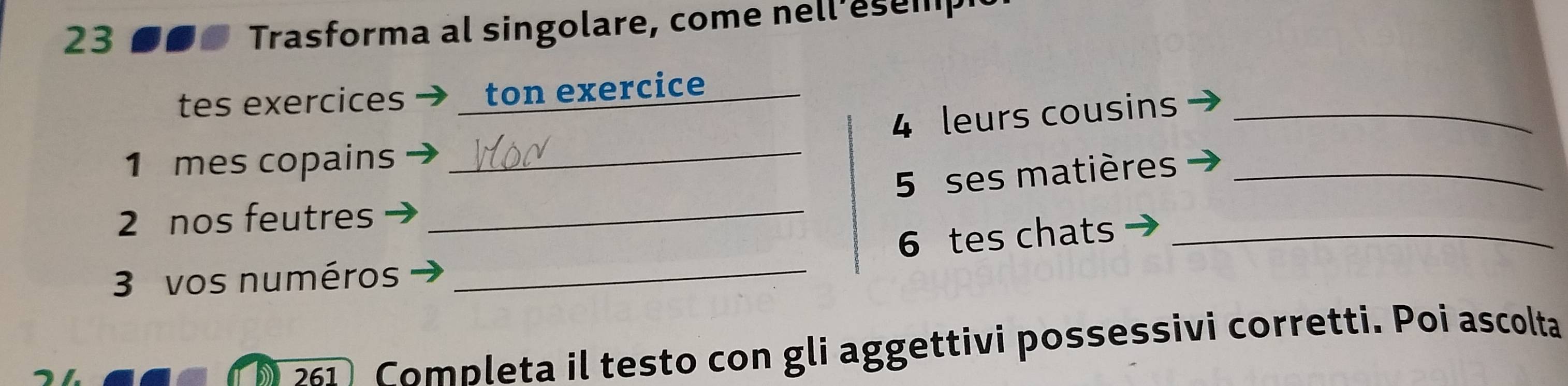 23 ● Trasforma al singolare, come nell'esemp 
tes exercices ton exercice 
4 leurs cousins_ 
1 mes copains_ 
5 ses matières_ 
2 nos feutres_ 
3 vos numéros _ 6 tes chats_ 
261 Completa il testo con gli aggettivi possessivi corretti. Poi ascolta