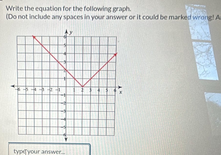 Write the equation for the following graph. 
(Do not include any spaces in your answer or it could be marked wrong! A 
type your answer...