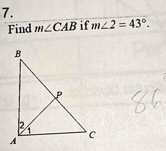 Find m∠ CAB if m∠ 2=43°.