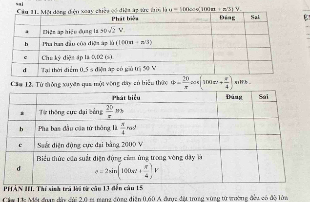 sai
u=100cos (100π t+π /3)V. E
Câu 12. Từ thông xuyên qua một vòng dây có biểu thức Phi = 20/π  cos (100π t+ π /4 )mWb.

Câu 13: Một đoạn dây dài 2.0 m mạng dòng diên 0.60 A được đặt trong vùng từ trường đều có độ lớn