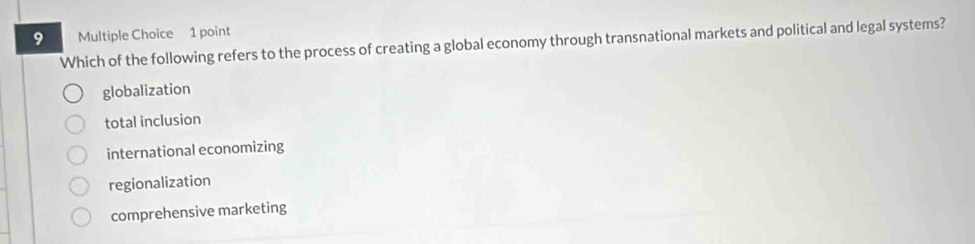 Which of the following refers to the process of creating a global economy through transnational markets and political and legal systems?
globalization
total inclusion
international economizing
regionalization
comprehensive marketing