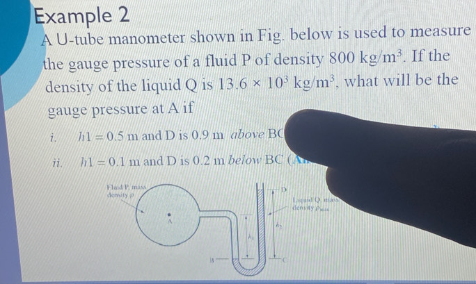 Solved: Example 2 A U-tube manometer shown in Fig. below is used to ...