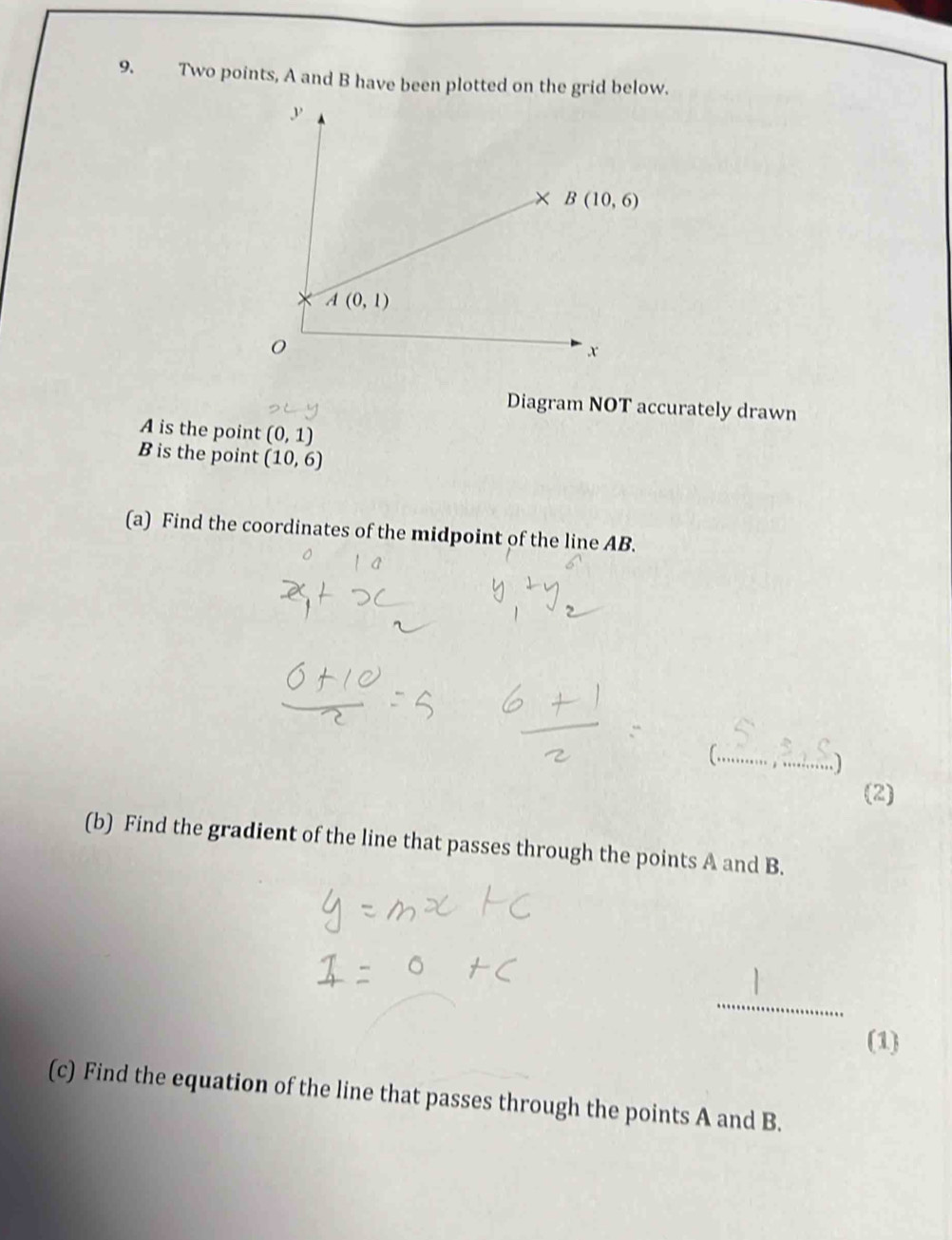 Two points, A and B have been plotted on the grid below.
Diagram NOT accurately drawn
A is the point (0,1)
B is the point (10,6)
(a) Find the coordinates of the midpoint of the line AB.
_[
(2)
(b) Find the gradient of the line that passes through the points A and B.
_
(1)
(c) Find the equation of the line that passes through the points A and B.