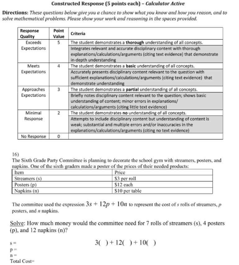 Constructed Response (5 points each) - Calculator Active 
Directions: These questions below give you a chance to show what you know and how you reason, and to 
solve mathematical problems. Please show your work and reasoning in the spaces provided. 
16) 
The Sixth Grade Party Committee is planning to decorate the school gym with streamers, posters, and 
napkins. One of the sixth graders made a poster of the prices of their needed products: 
The committee used the expression 3s+12p+10n to represent the cost of s rolls of streamers, p
posters, and n napkins. 
Solve: How much money would the committee need for 7 rolls of streamers (s), 4 posters 
(p), and 12 napkins (n)?
s=
3() +12()+10()
p=
n=
Total Cost=