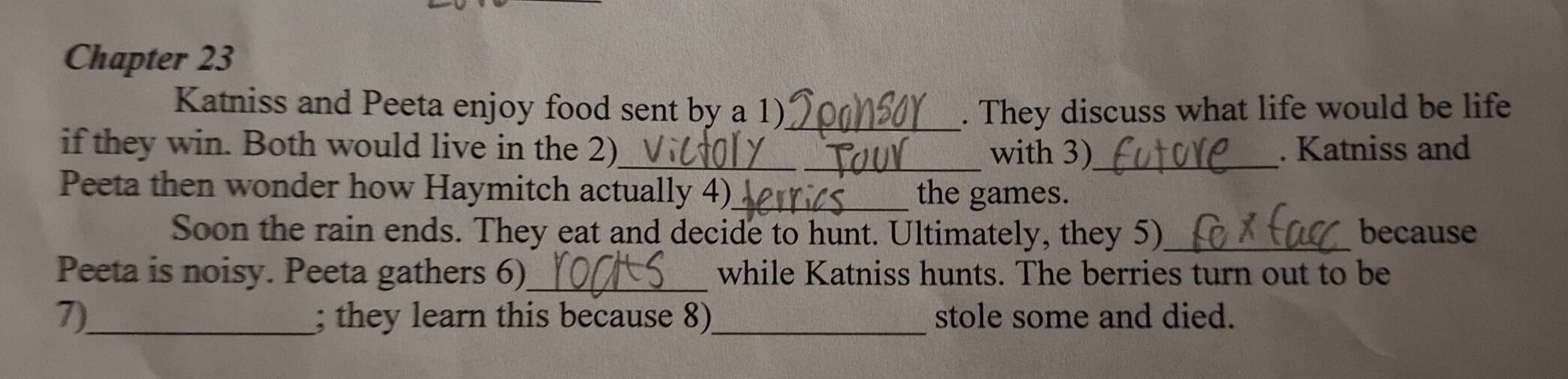 Solved: Chapter 23 Katniss and Peeta enjoy food sent by a 1)_ . They ...