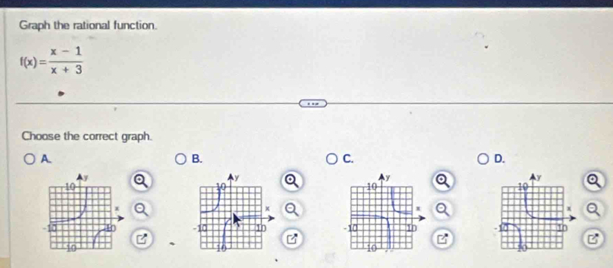 Graph the rational function.
f(x)= (x-1)/x+3 
Choose the correct graph. 
A. 
B. 
C. 
D.