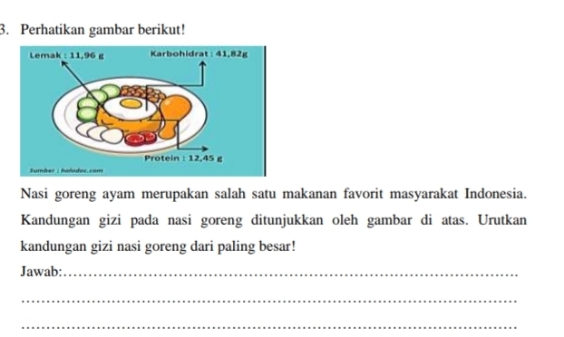 Perhatikan gambar berikut! 
Nasi goreng ayam merupakan salah satu makanan favorit masyarakat Indonesia. 
Kandungan gizi pada nasi goreng ditunjukkan oleh gambar di atas. Urutkan 
kandungan gizi nasi goreng dari paling besar! 
Jawab:_ 
_ 
_