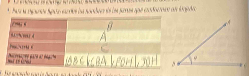 La evidencia se entreía en Mezus, atendent las mdesció 
E Para la siguiente fígura, escribe los nombres de las partes que conforman un ángulo,