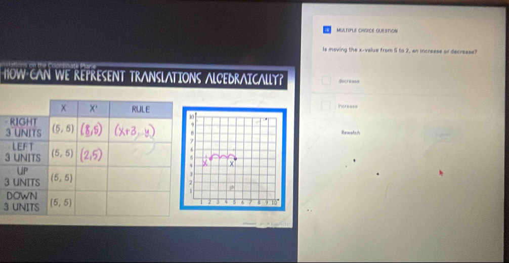 GUESTION
Is moving the x-value from 5 to 2, an increese or decresse?
HOW CAN WE REPRESENT TRANSLATIONS ALCEDRAICALLY? decrease
Increass
3Rewatch
3
3
3