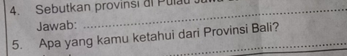 Sebutkan provinsi ai Pulau 
Jawab: 
5. Apa yang kamu ketahui dari Provinsi Bali?