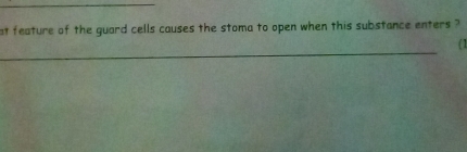 at feature of the guard cells causes the stoma to open when this substance enters ? 
_ 
(1