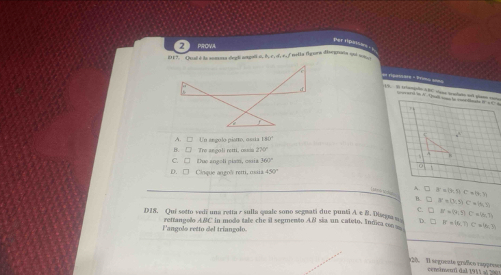 Per ripassare - s
2 PROVA
D17. Oual é la somma degli anguli a, δ, c, d, e, f hella ligura disegnata qui sono
er ripassare + Primo sano
19. 1 trianguão ABC viene traslato sel piana carto
A. Un angolo piatto, ossia 180°
B. Tre angoli retti, ossia 270°
C. Due angoli piatti, ossia 360°
D. Cinque angoli retti, ossia 450°
B=(9,5) C=(9,3)
Tanno sulete B. B'=(3;5) C'=(6;3)
C.
D18. Qui sotto vedi una retta r sulla quale sono segnati due punti A e B. Disegra m D. B=(9,5) C=(6,7)
rettangolo ABC in modo tale che il segmento AB sia un cateto. Indica con a B'=(6,7) C=(6,3)
l’angolo retto del triangolo.
20. Il seguente grafico rapres censiment