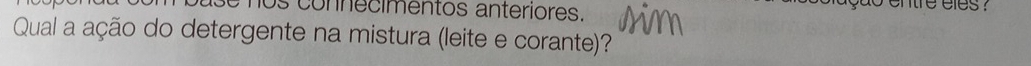 hos connecimentos anteriores. 
ação entre eles ? 
Qual a ação do detergente na mistura (leite e corante)?