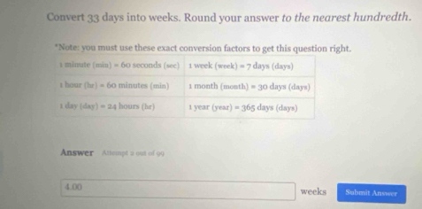 Convert 33 days into weeks. Round your answer to the nearest hundredth.
*Note: you must use thesght.
Answer Attempt a out of 90
4.00 weeks Submit Answer