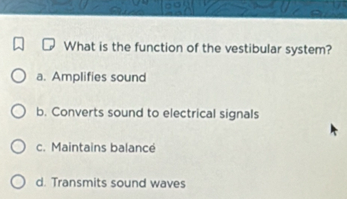 What is the function of the vestibular system?
a. Amplifies sound
b. Converts sound to electrical signals
c. Maintains balance
d. Transmits sound waves