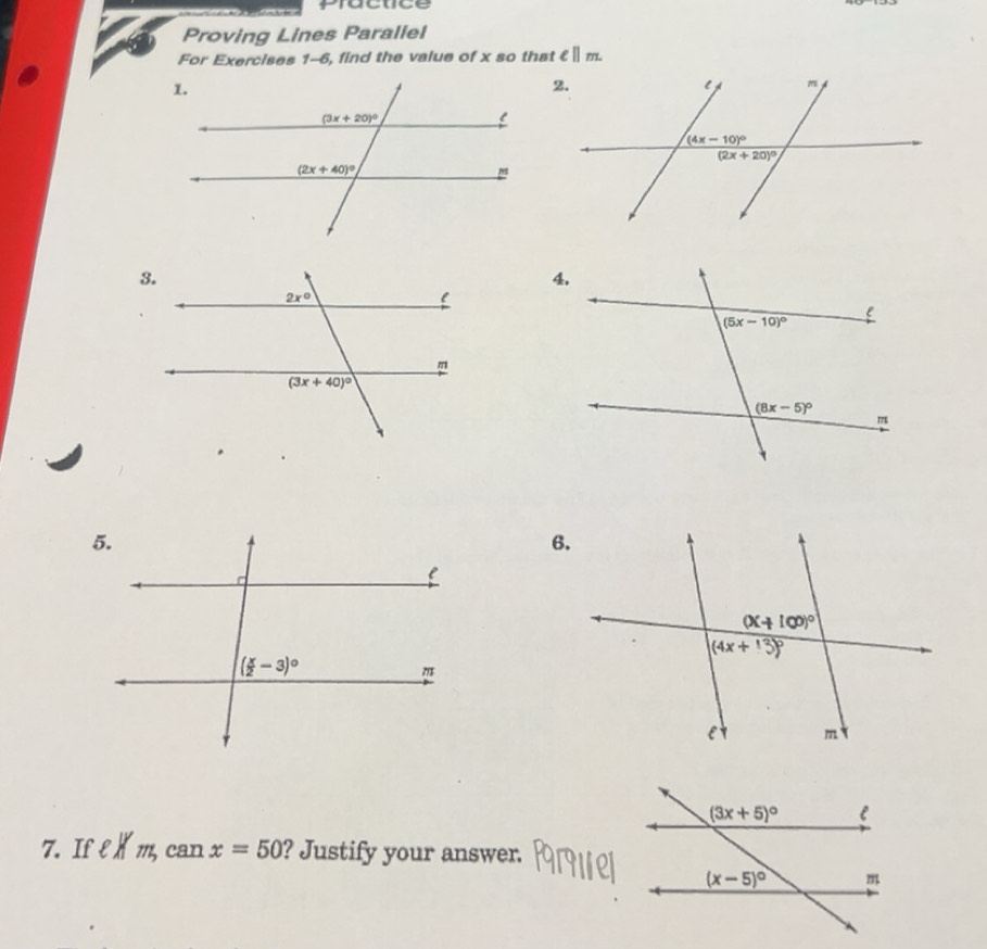 Solved: Practice Proving Lines Parallel For Exercises 1-6, find the ...