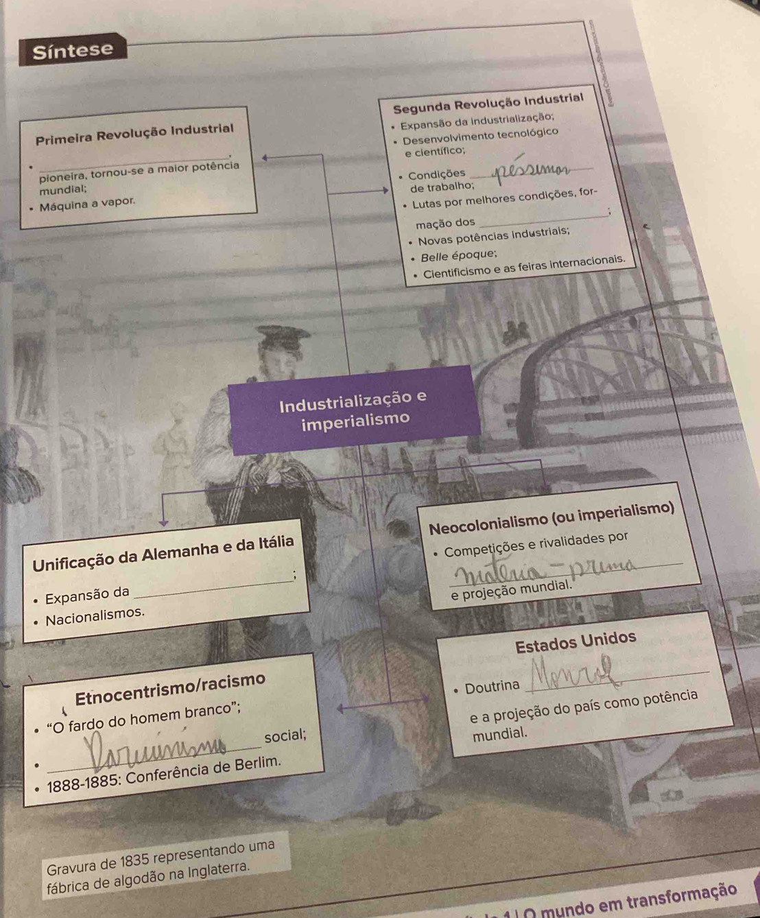 Síntese
Primeira Revolução Industrial Segunda Revolução Industrial
Expansão da industrialização;
Desenvolvimento tecnológico
_`
e científico;
pioneira, tornou-se a maior potência
Condições
_
mundial;
_
Máquina a vapor. de trabalho;
Lutas por melhores condições, for-
:
mação dos
Novas potências industriais;
Belle époque;
Cientificismo e as feiras internacionais.
Industrialização e
imperialismo
_
Unificação da Alemanha e da Itália Neocolonialismo (ou imperialismo)
Competições e rivalidades por
Expansão da _:
e projeção mundial.
Nacionalismos.
Estados Unidos
Etnocentrismo/racismo
Doutrina
_
e a projeção do país como potência
“O fardo do homem branco”;
_
social; mundial.
*1888-1885: Conferência de Berlim.
Gravura de 1835 representando uma
_
fábrica de algodão na Inglaterra.
O mundo em transformação